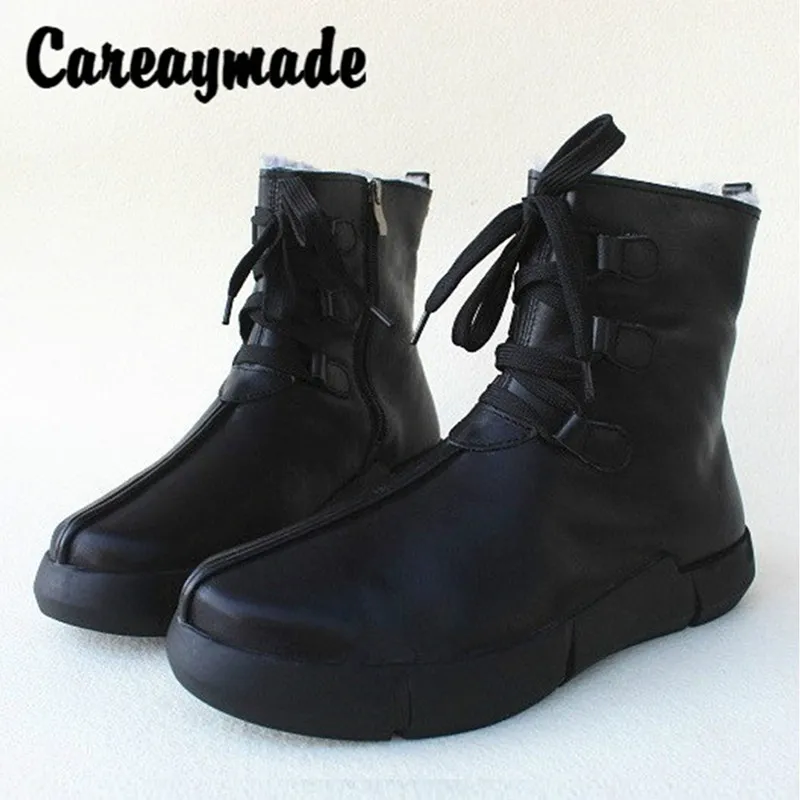 

Careaymade-Genuine leather wool thick sole short boots,cowhide soft sole cotton Large women's shoes,winter warm men's shoes