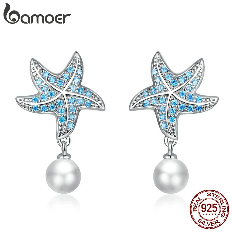 Bamoer 925 Sterling Silver Ocean Blue Zircon Starfish Stud Earrings Shell Pearl Drop Earrings for Women Fine Jewelry BSE405