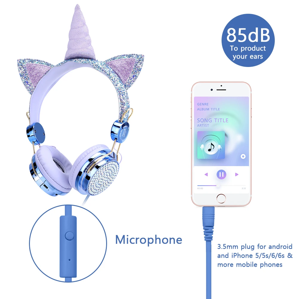 Unicorn Wired Headset with Microphone for Girls Daughter Music Stereo Earphone for Computer Smartphone Headphone Kids Gifts