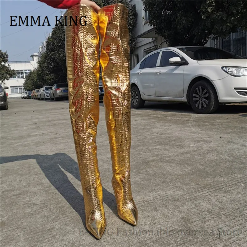 Women PVC Laser Over The Knee Boots Sexy Thin High Heels Long Boot Female Sexy Pointy Toe Thigh High Boot Winter Boots for Women