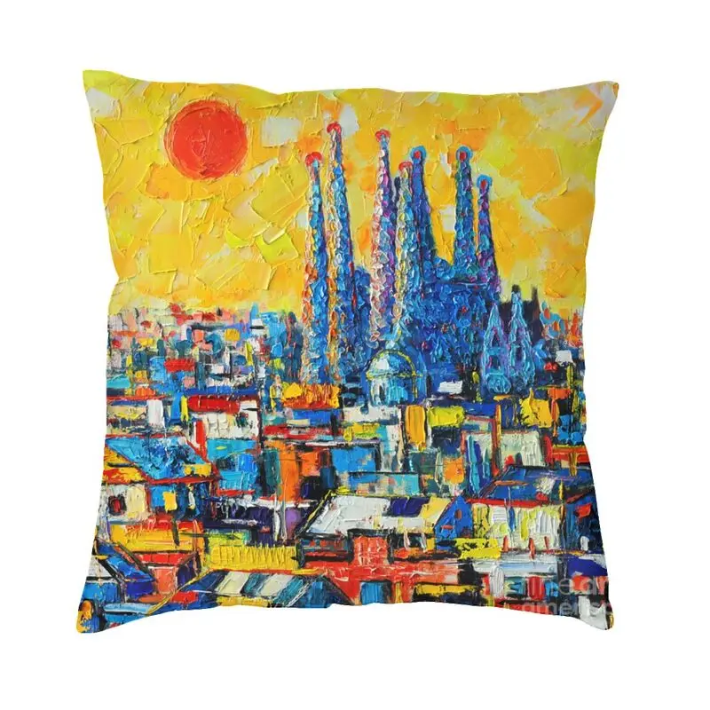 Spain Cityscape Oil Painting Art Pillow Cover Home Decoration Abstract Sunset Over Sagrada Familia In Barcelona Cushion Cover