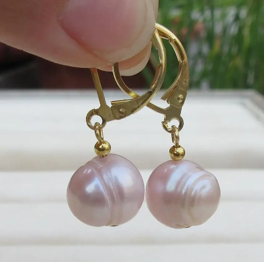 

AAA 9-10mm South Sea pink purple Baroque Pearl Earrings YELLOW GOLD