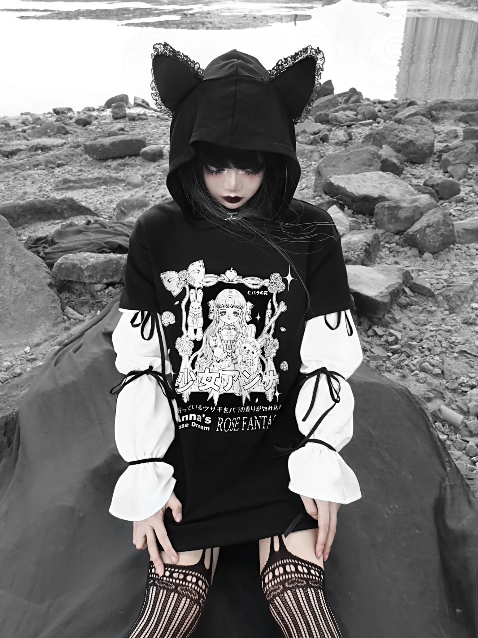 Original Design Punk Printing Anime Japanese Cat Ear Hooded Sweatshirt Long Puff Sleeve Chiffon Lace up Gothic Black Hoodies