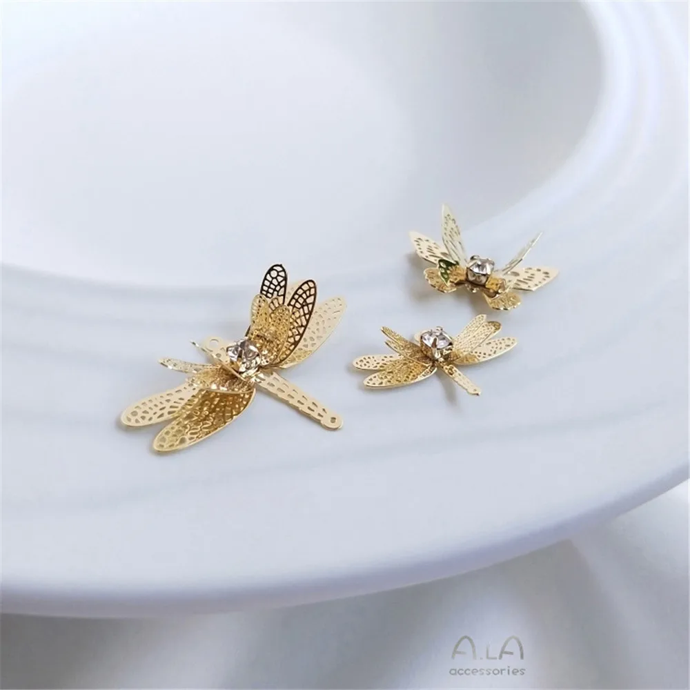 14K Gold Color Plated Brass Zircon Three-dimensional Butterfly Dragonfly Pendant Diy Earpiece Hairpin Pendant