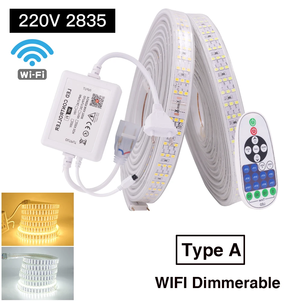 Wifi Dimmerable 276Leds/m LED Strip 220V 240V EU Plug SMD 2835 Three Row IP67 Waterproof Flexible Ribbon Light