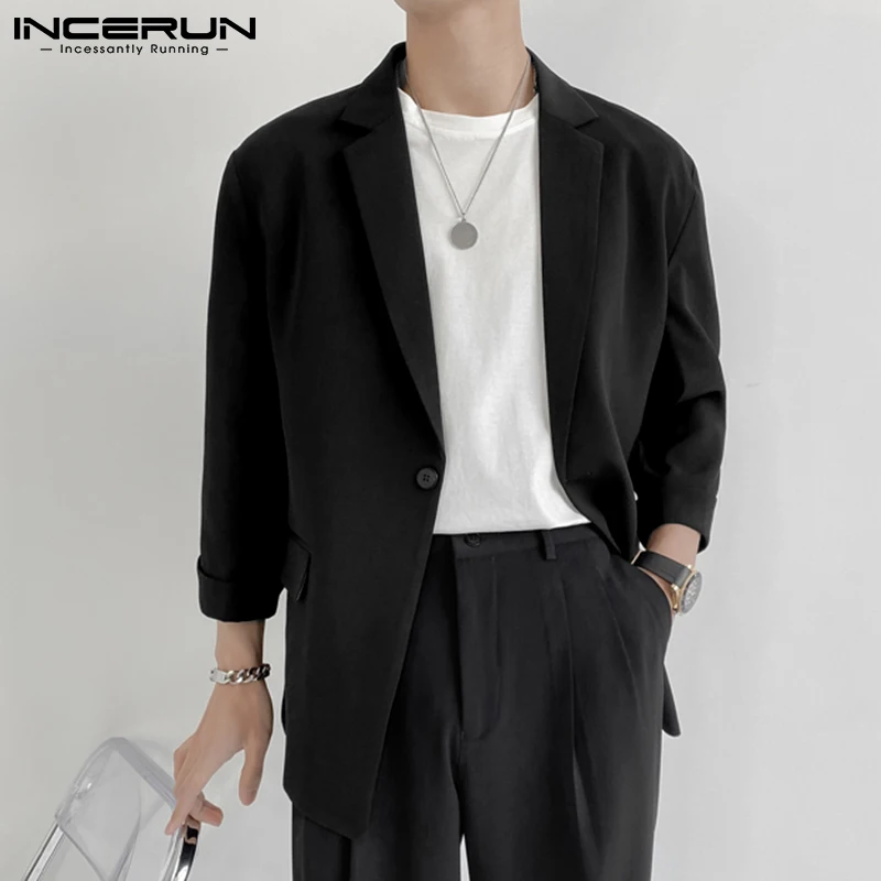 INCERUN Fashion Men Blazer Streetwear Solid Color Lapel 3/4 Sleeve One Button Leisure Suits Men 2023 Casual Thin Jackets S-5XL