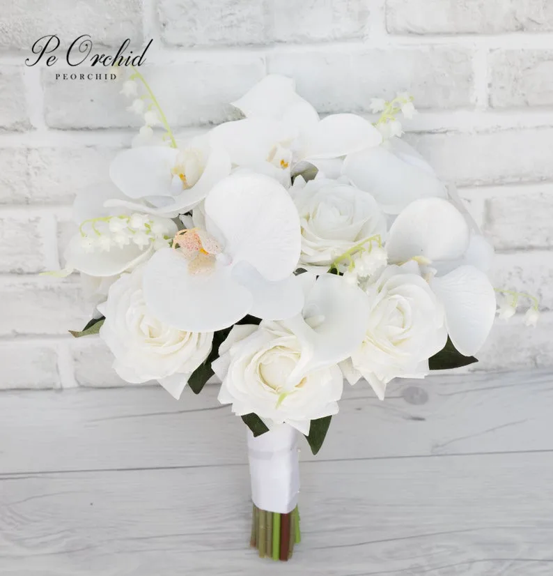 PEORCHID Real Touch Orchid Wedding Bouquet Beach Bride Holding Flowers Bouquet Beautiful White Calla Lily Bridal Bouquet