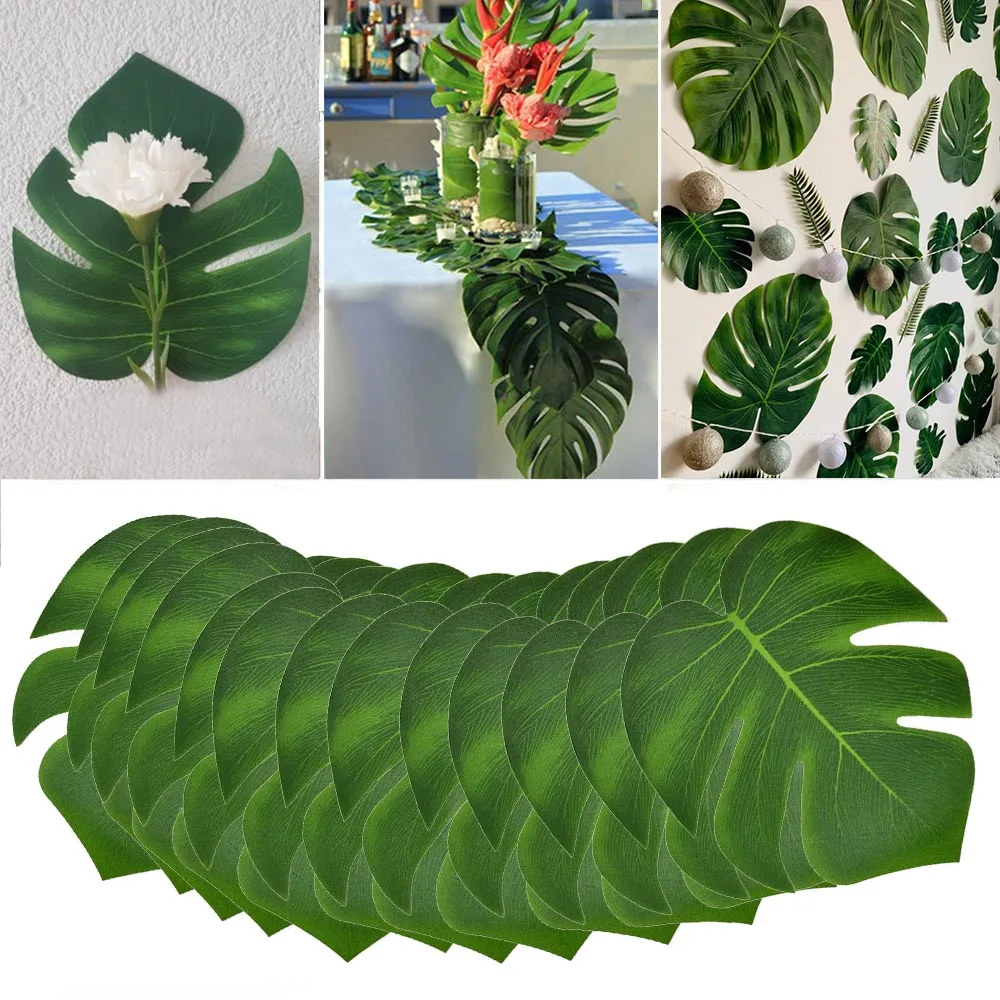 12Pcs/lot Fabric Artificial Monstera Leaves Tropical Palm Tree Leaves for Wedding Hawaiia Party Jungle Beach Theme Table Decor