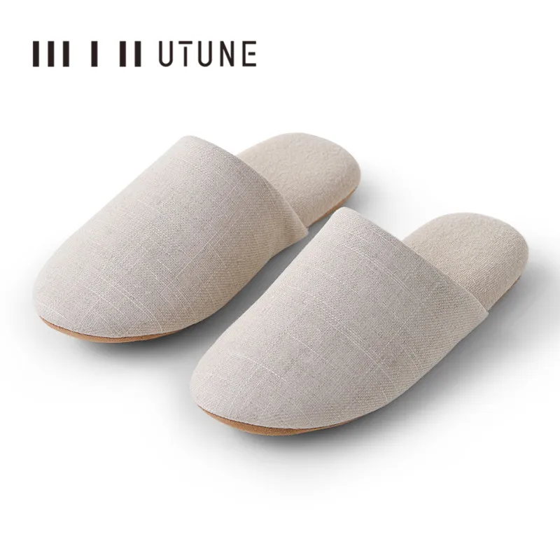 

UTUNE Mute Home Slippers For Women Cotton Linen Indoor Flat Shoes Suede Sole Wooden Floor Men Slides Silent Spring Autumn Winter