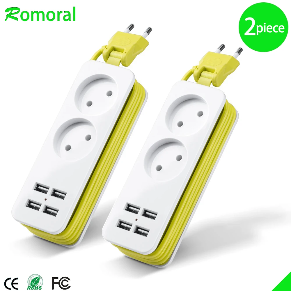 EU Plug Power Strip 4 USB Port Charger Socket, 1200W Multiple Portable Travel Plug Adapter  for Smartphones Tablets