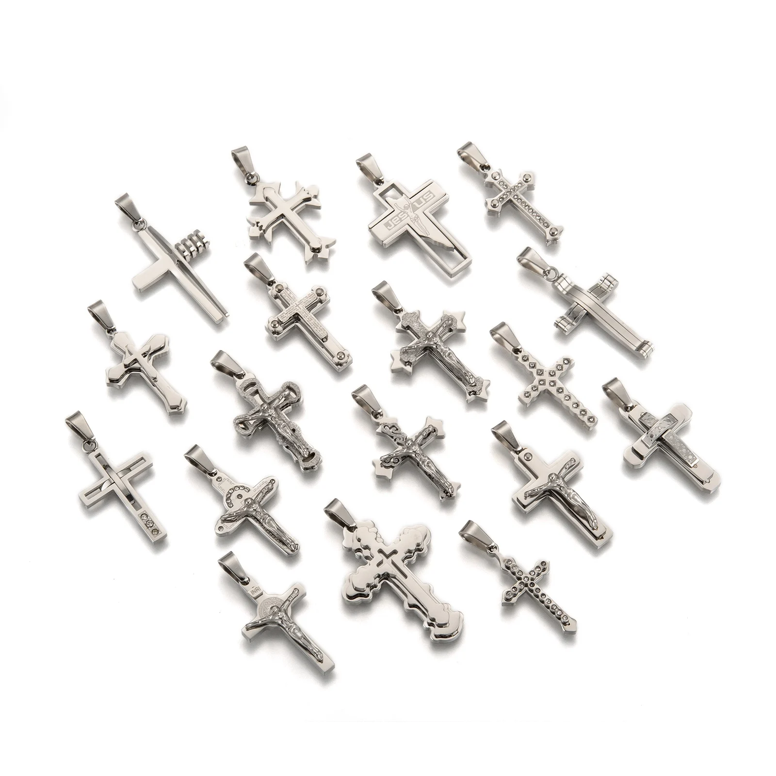 304 Stainless Steel Pendants, with Rhinestone, Mixed Style, Cross, 25~32x15~22x3~5mm, Hole: 9.5x3.5mm