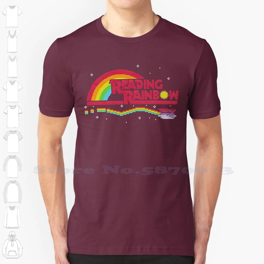 Personalized T Shirt Custom T Shirt Reading Rainbow Mens T Shirt-8-Bit Style Rainbow Flying Book Logo Image