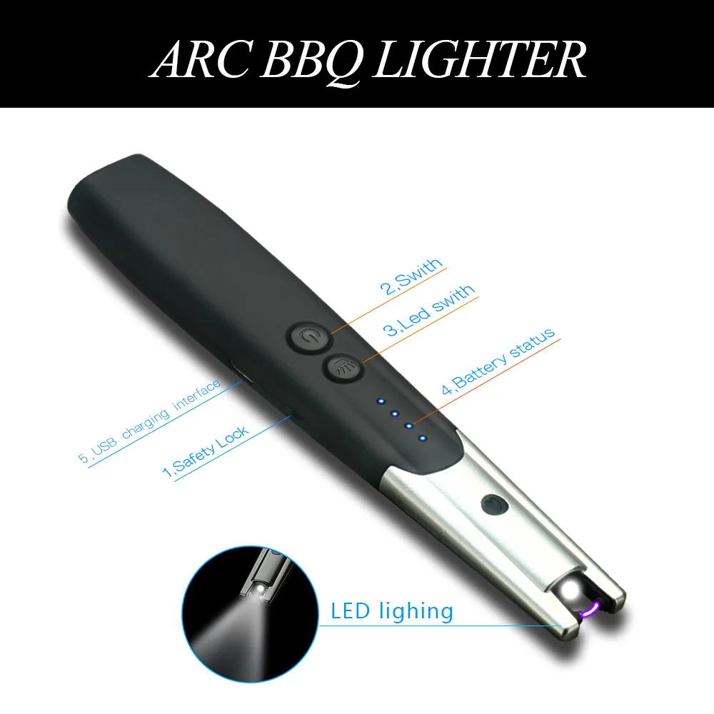 Kitchen USB Charging Lighter With Plasma ARC Effect Windproof Candle Grill Pulsed Igniter Long With Flashlight USB Rechargeable