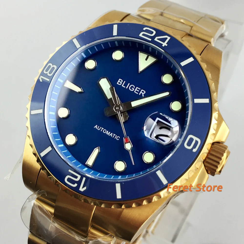 Bliger 40mm watch sterile Luminous Green Dial Yellow Gold Stainless steel Case Japan Sapphire Glass NH35A Automatic Mens Watch