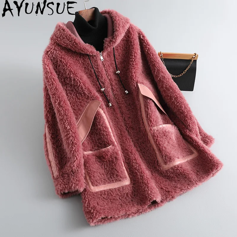 

AYUNSUE 100% Real Wool Jacket Women's Clothing Winter Sheep Shearing Jackets Mid-long Fur Coat Hooded Abrigo Mujer Invierno 1201