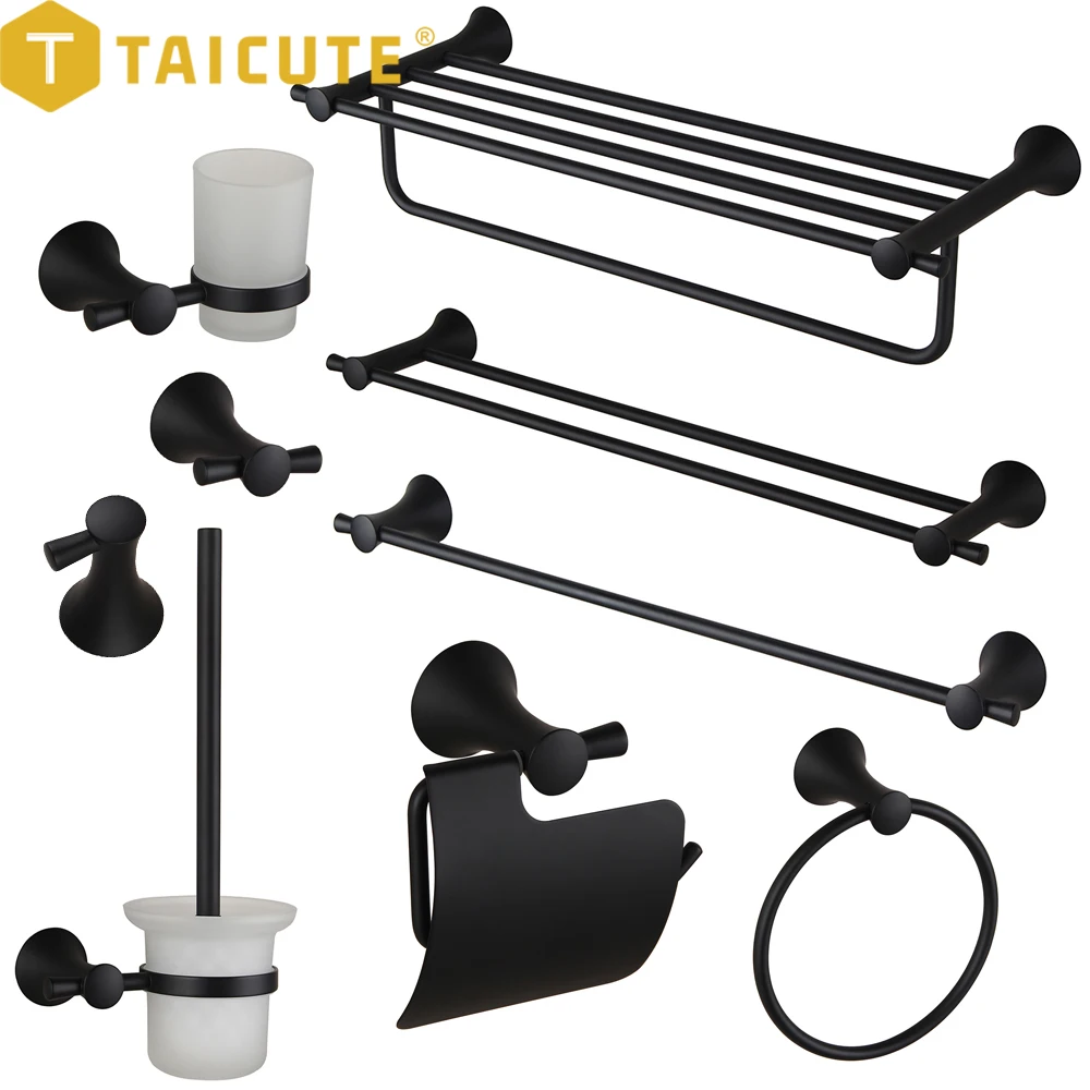 TAICUTE Q Bathroom Accessories Set Heavy Duty Towel Rack Bar Ring Toilet Paper Brush Holder Coat Hook Wall Mount Hardware, Black