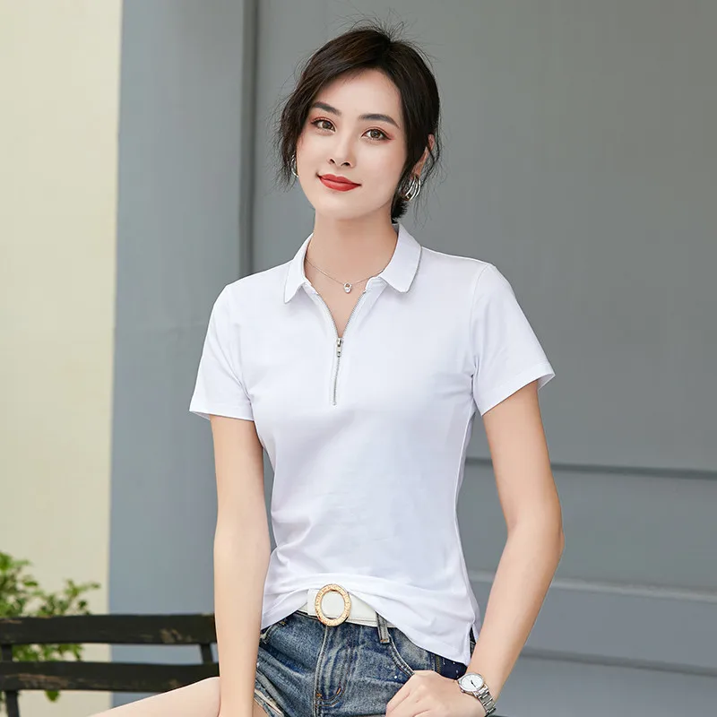 2023 Summer New Polo Shirt Women\'s Short-sleeved Lapel Shirt Zipper Solid Color All-match Slim Fashion Cotton Top