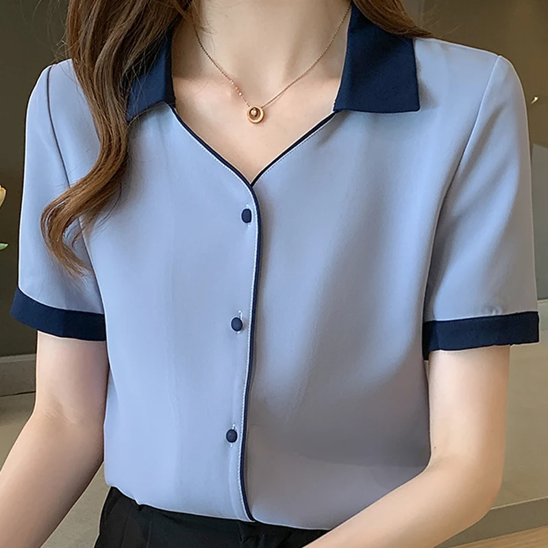 Blusas Blouses Top Femme Short Sleeve Chiffon Blouse Shirt Blouse Women Blusas Mujer De Moda 2024 Verano V-Neck Tops Women E841