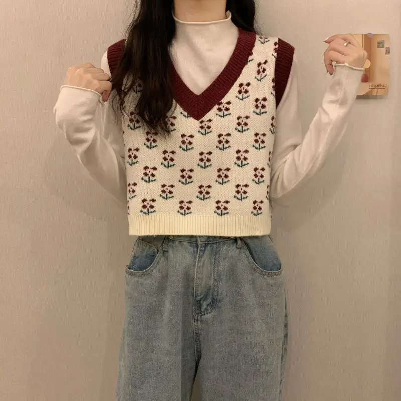 Sweater Vests Women Leisure Simple Patchwork Flower Design V-neck Sleeveless Gentle Females Retro Ulzzang Chic Streetwear Slim