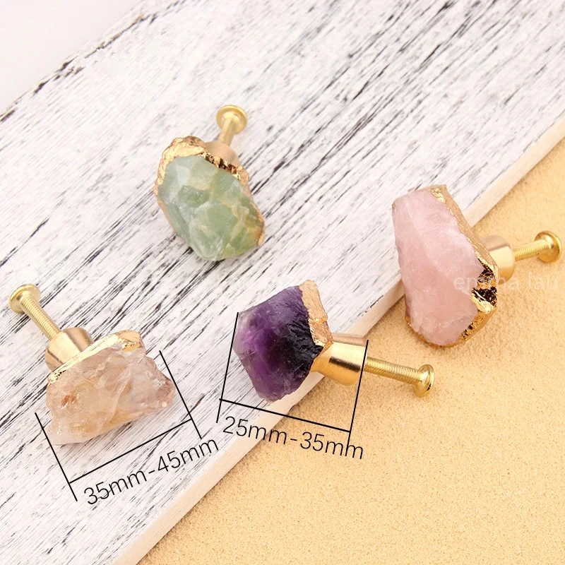 New Natural Irregular Fluorite Stone Knob and Handle Brass Base Drawer Cupboard Closet Door Knobs Clear Crystal Furniture Pulls