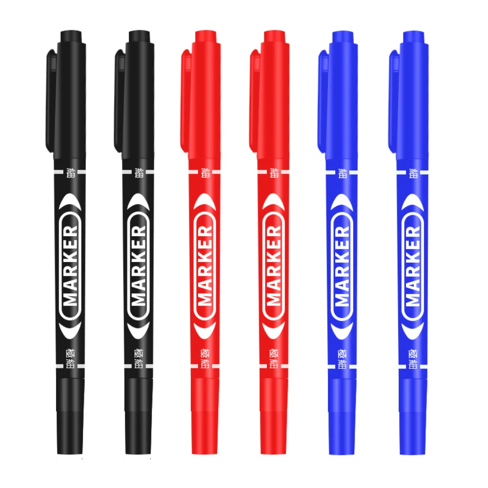 6 Pcs/Set Wholesale Twin Tip Permanent Marker Pen Fine Point Waterproof Ink Thin Nib Crude Nib Black Ink 0.5mm-1mm Fine Color