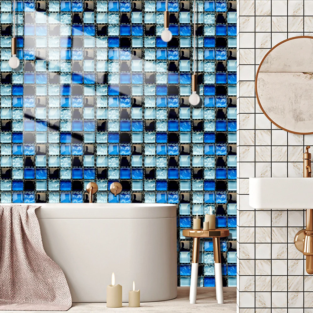 10pcs/set Blue Flat Mosaic Crystal Hard Film Tiles Sticker Living Room Decor Wall Stickers Peel & Stick Removable PVC Wallpaper