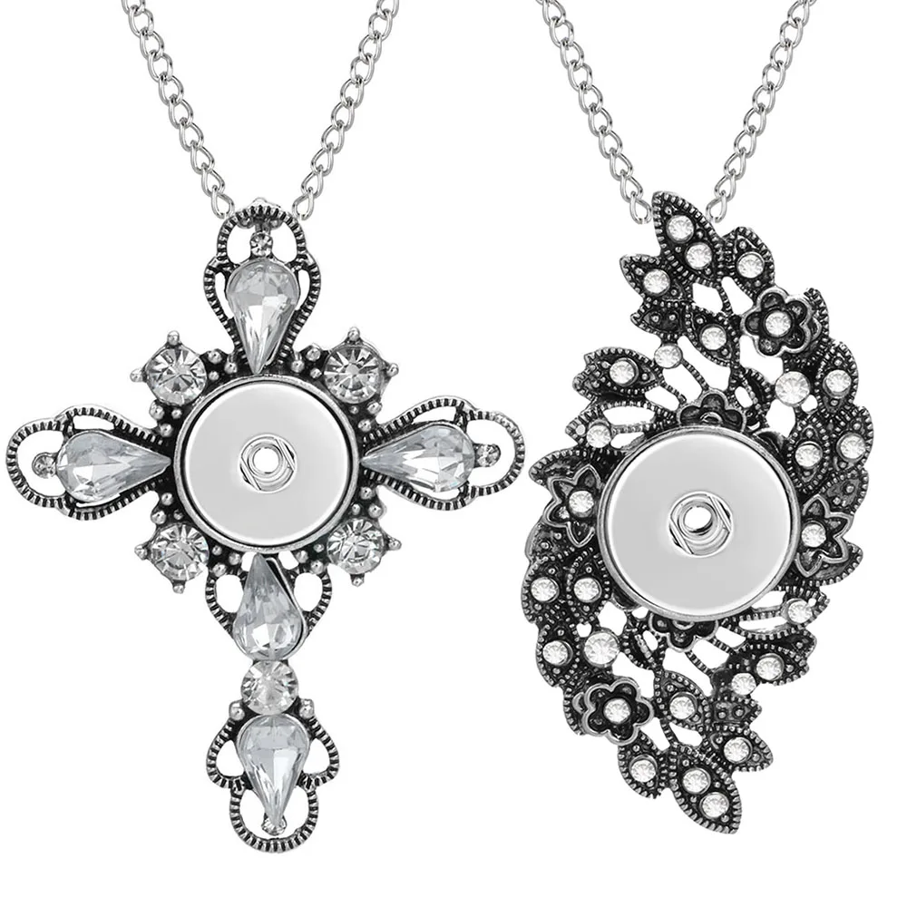 New Snap Button Jewelry Necklaces Vintage Crystal Rhinestone Flower Cross 18mm Snap Necklace DIY Snap Jewelry Necklace Pendant