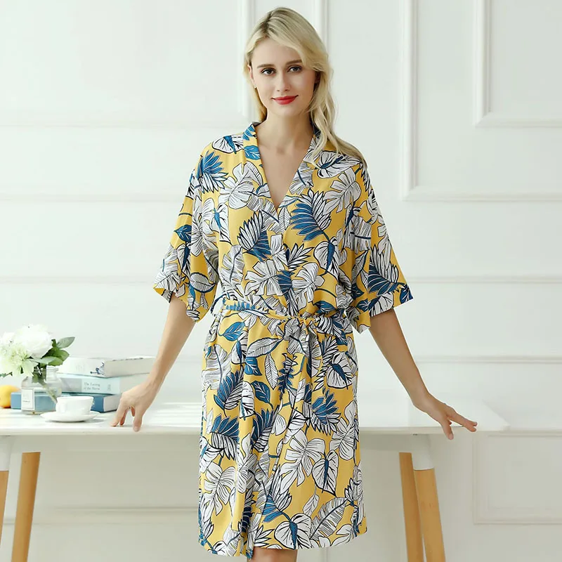 Sanderala Summer Women Cotton Plant Print Robe V Neck Belted Sleepwear Dressing Gown Bathrobe Home Three Quarter Pajamas