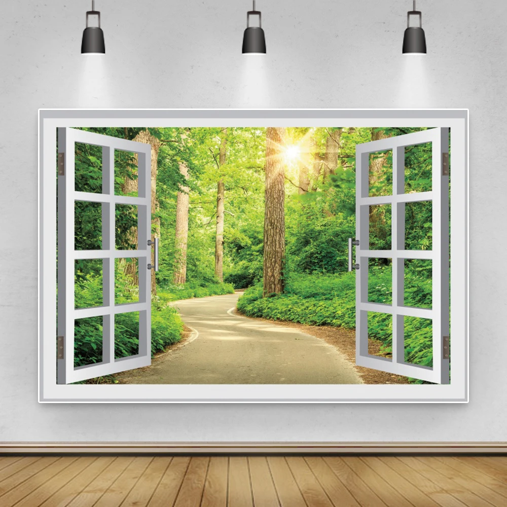 Laeacco Out Of Window Spring Garden Flowers Forest Home Decor Photographic Backdrop Photography Background For Photo Studio