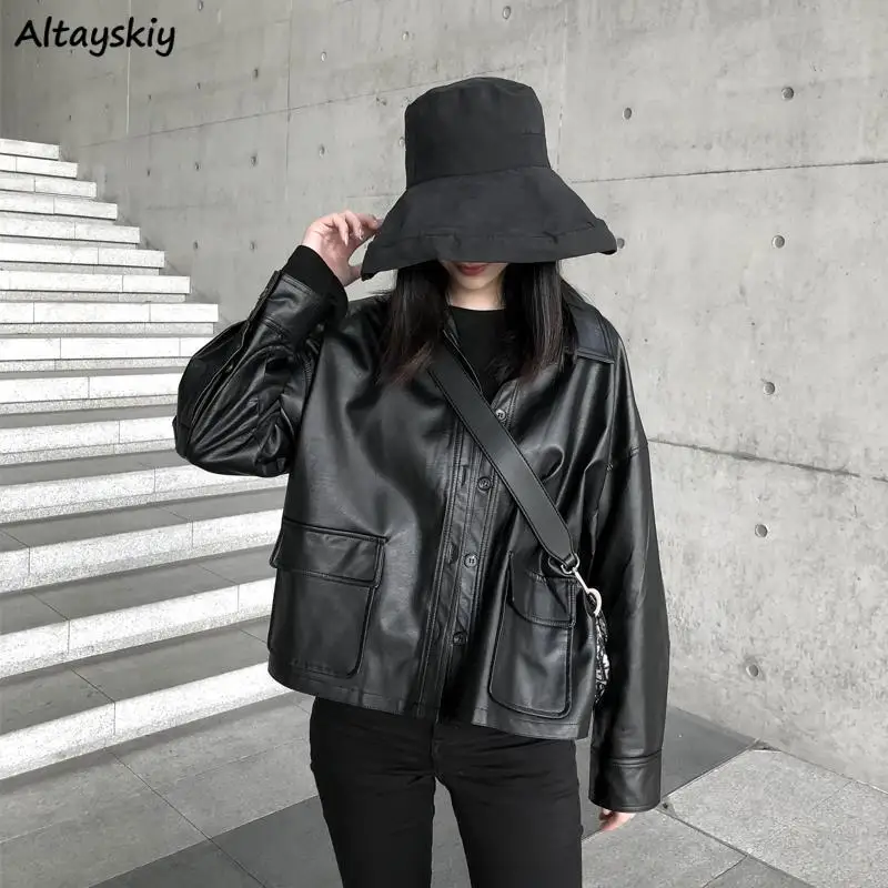 Basic Jackets Women Korean Style Chic Big Pocket Pu Leather Autumn New Arrival Biker Loose Bf Student Crop Outwear Fashion Cool