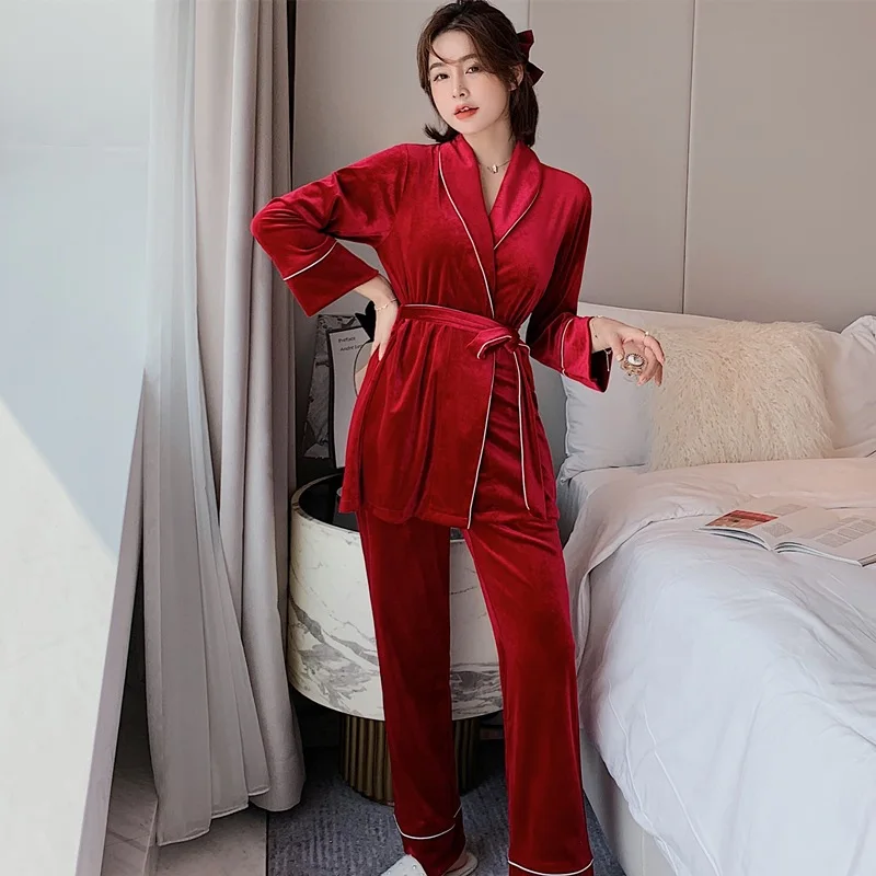 Velvet Pajamas Set Women Sexy Pyjama Long Sleeve Shirt Pants Homewear Gold Velour Belt Sleepwear 2Piece/Set