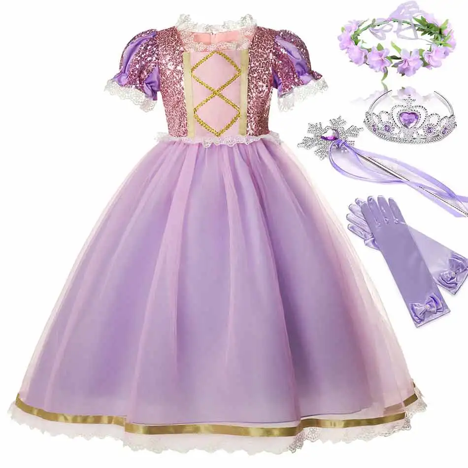 

Disney Tangled Princess Costume for Girls Short Sleeve Sequined Mesh Ball Gown Kid Exquisite Rapunzel Party Dress Christmas Robe