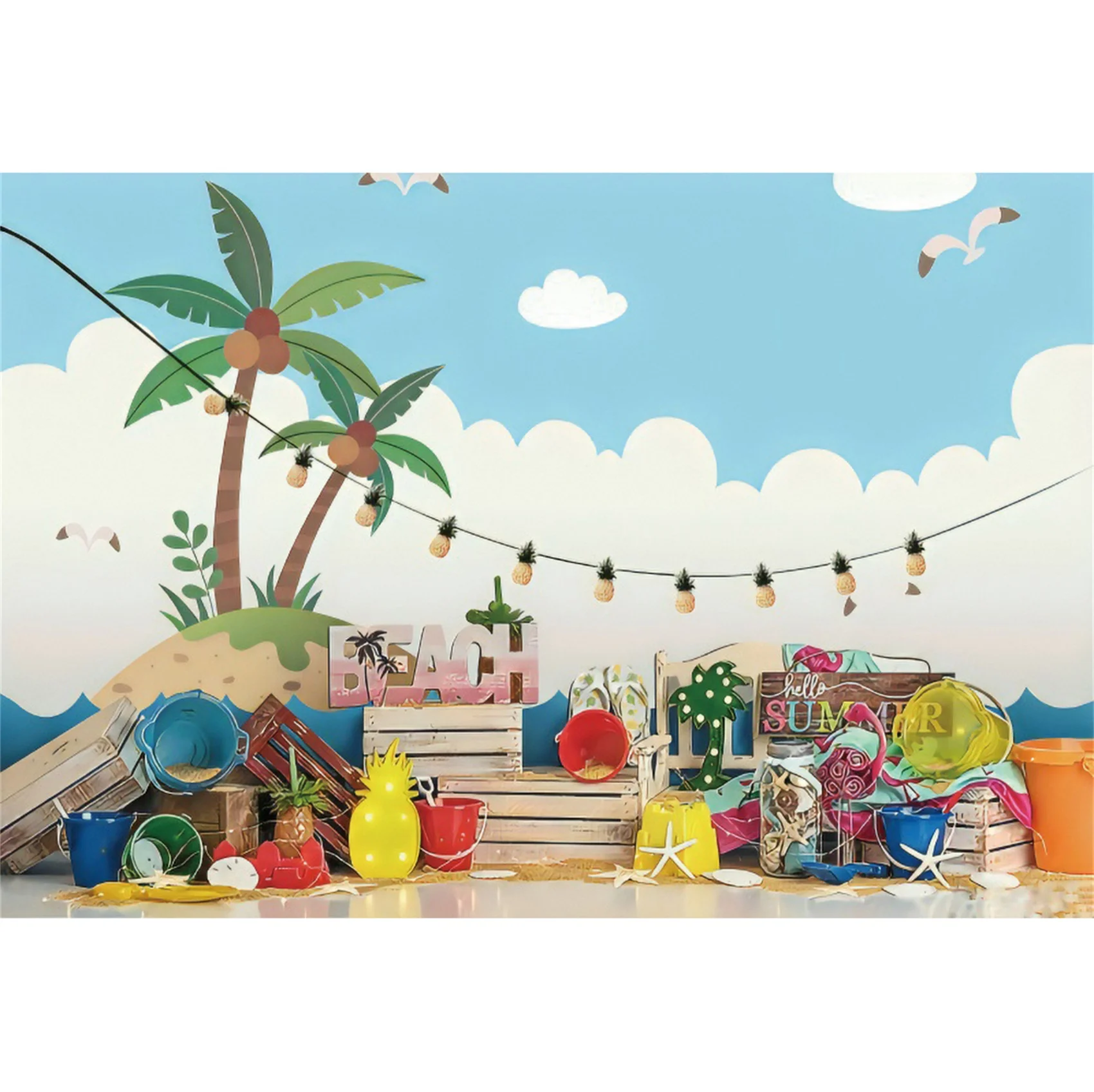 Фон для студийной фотосъемки с изображением летних пляжных игрушек