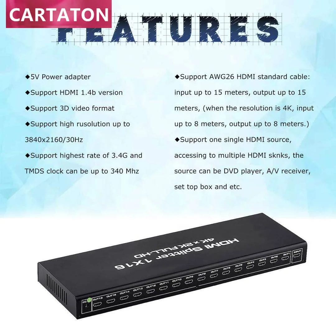 16 Port 4K 60HZ 1x16 hdmi splitter 1 in 16 out Rack Mount Compatible for with Xbox PS4 Fire Stick Blu Ray Apple  HDTV  switcher