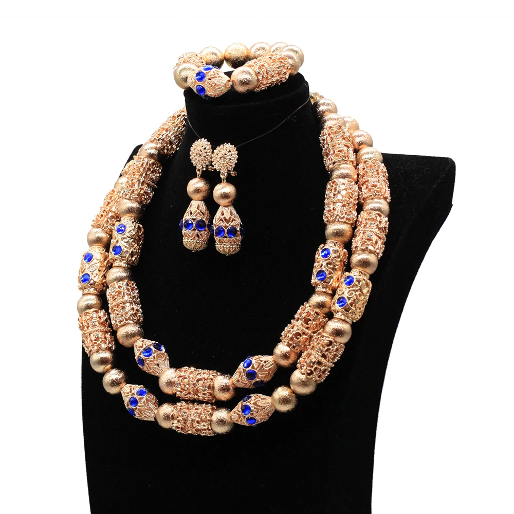 Royal Blue Zircon Women Costume African Wedding Jewelry Set Double Layers Dubai Gold Copper Alloy Bridal Jewelry Set ABG28