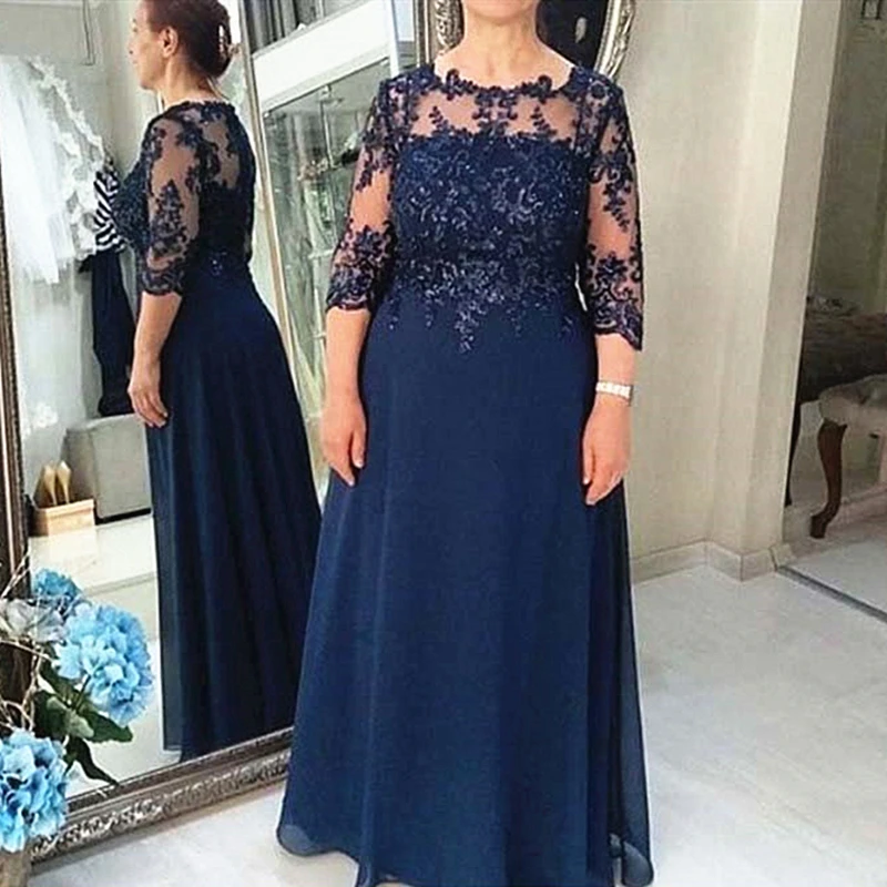 

Dark Navy Mother of the Bride Dress D09 Wedding Party Lace Chiffon 3/4 Sleeves Plus Size Mother of the Groom Suits Evening Gowns