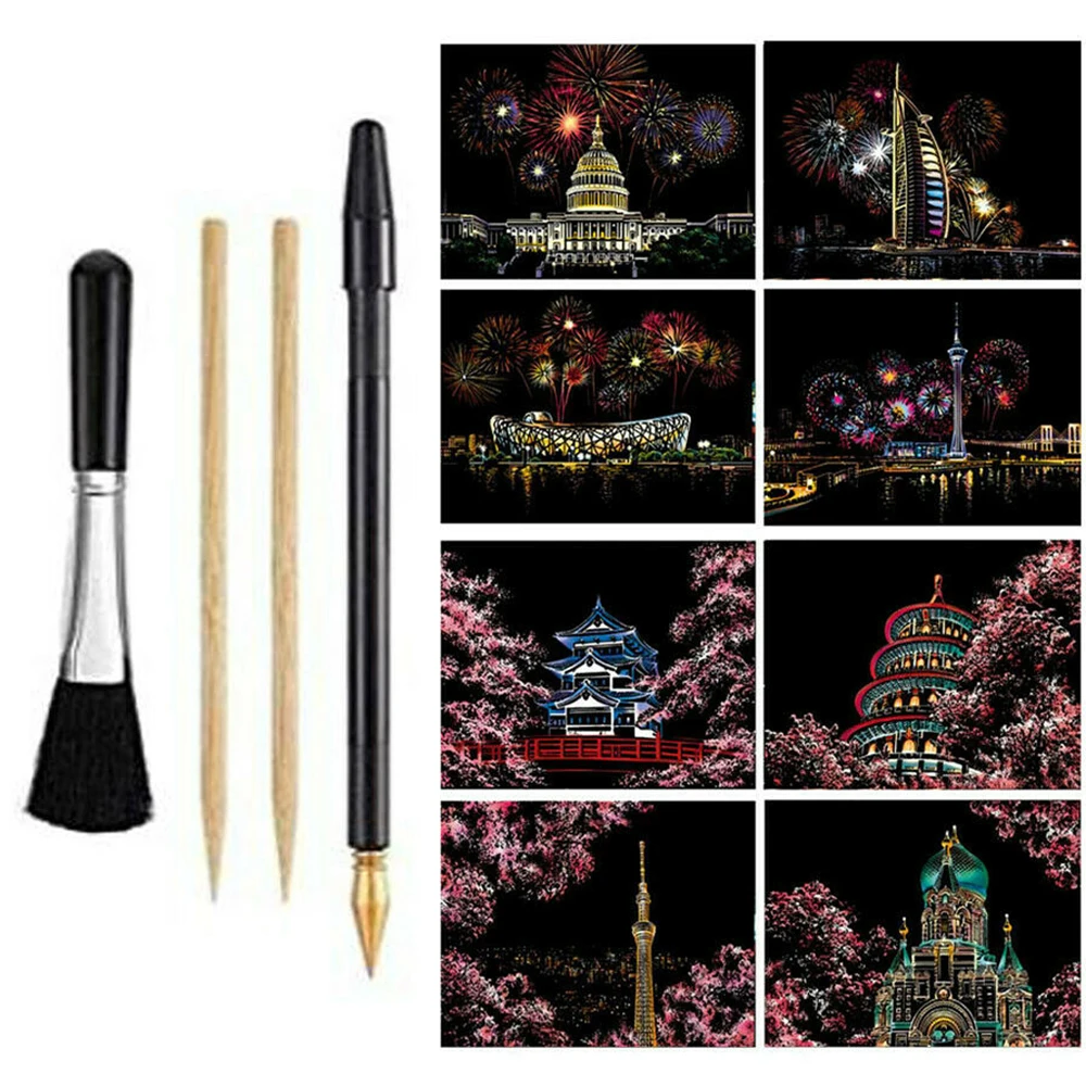 8pcs Magic A4 Scratch Painting Art with Drawing Tools Set for Kids & Adults