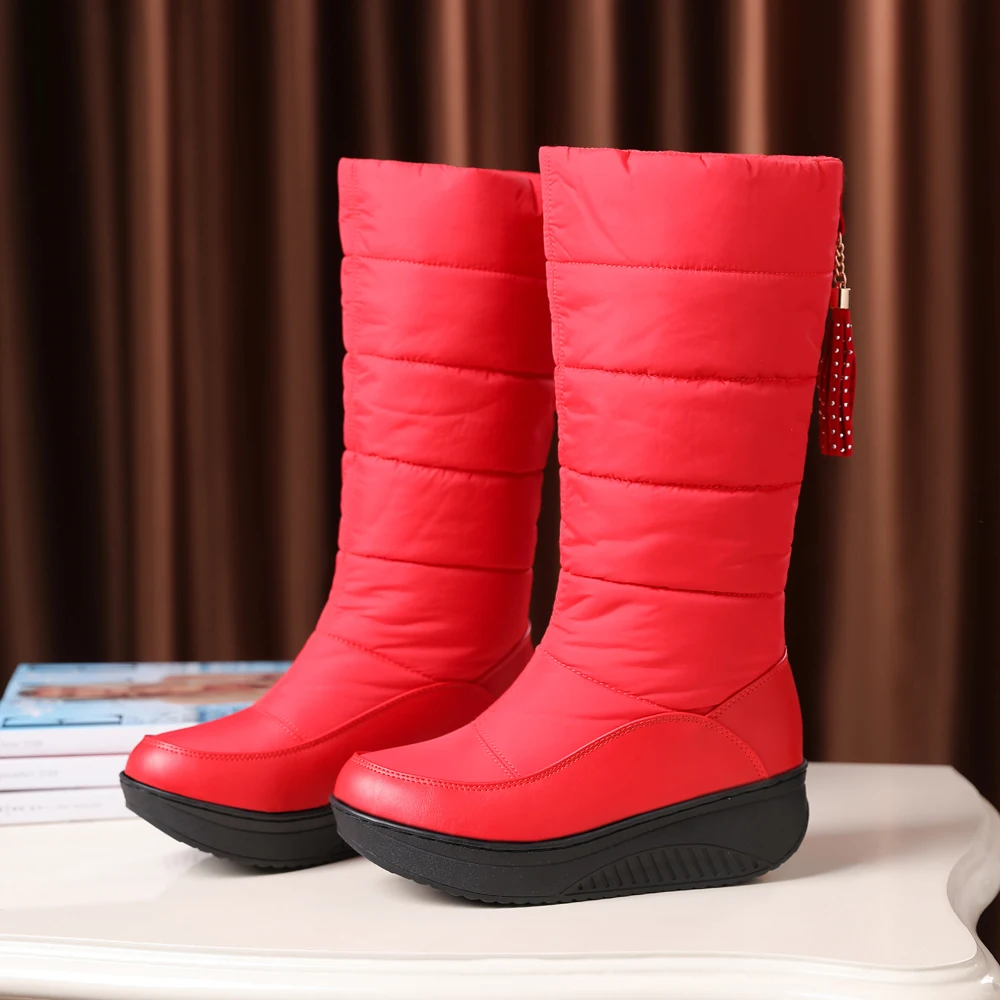 New Fashion Winter Boots Platform Shoes ladies Knee-High Warm Snow Boots Wedge Heels Round Toes Plus Size Red Black Blue Brown