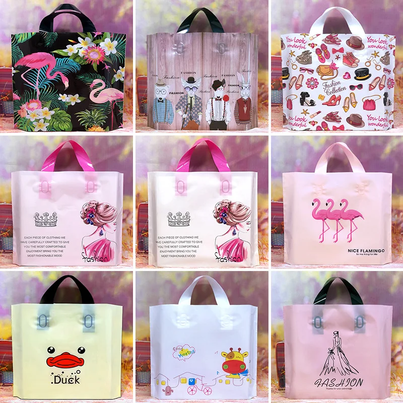 10PCS/Lot Fashion Plastic Gift Bag With Handle Tote Bag Thick Large Plastic Shopping Bags Thick Boutique Gift Clothing Packaging