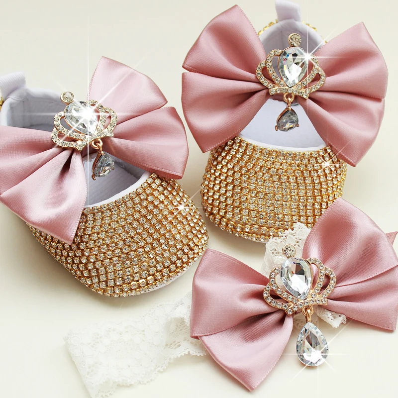 QYFLYXUE Handmade Pearl Diamond Baby Newborn princess shoes 、daytime prom Shoe , sparkly Tiara party shoes, baby party gifts