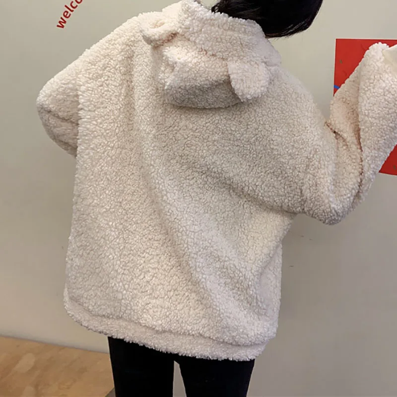 Jackets Women with Hat Zipper Solid Simple Lambswool Loose Warm Thicken Velvet Coat Big Size 2XL Sweet Korean Trendy Jacket