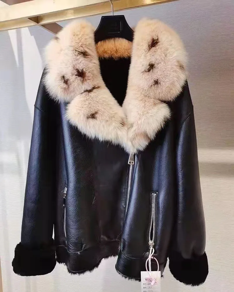 Natural Real Sheep Fur Double-Faced Coat Winter Women Short Length Fox Fur Collar Thick Warm New Luxury Fashion