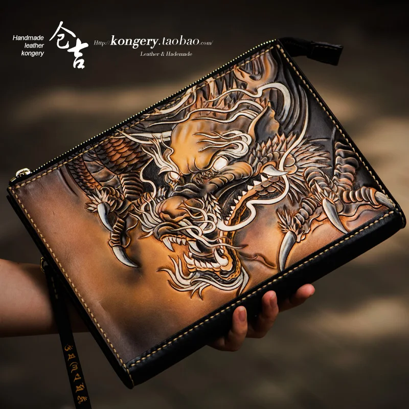 

★★envelope bag men's and women's leather briefcase carving zipper bag bag Chinese wind restoring ancient ways hand caught