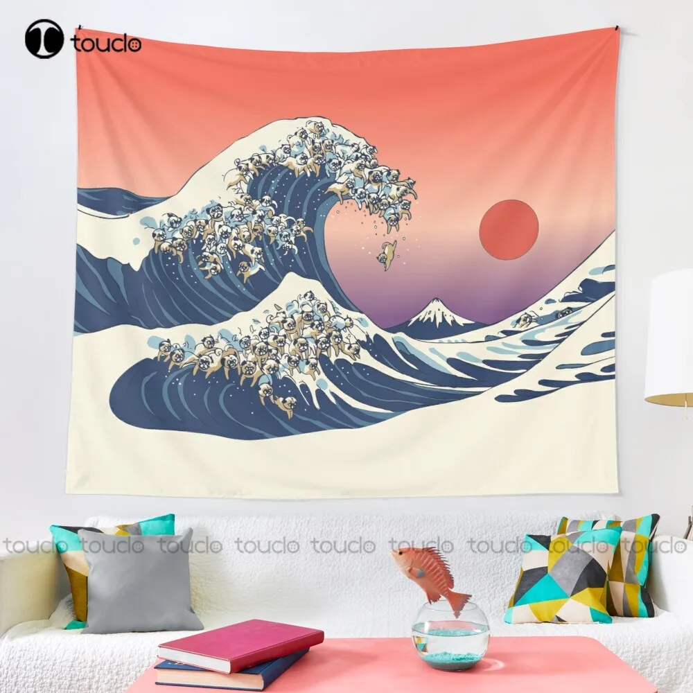 The Great Wave Of Pug Japan Dog Summer Tapestry Wall Size Tapestry Blanket Tapestry Bedroom Bedspread Decoration Wall Covering