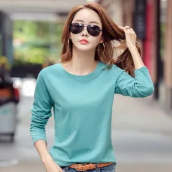 Woman Tshirts Solid Color Long-sleeved T-shirt Women's 2021 New Spring and Autumn Korean Women's Bottoming Shirt White Top