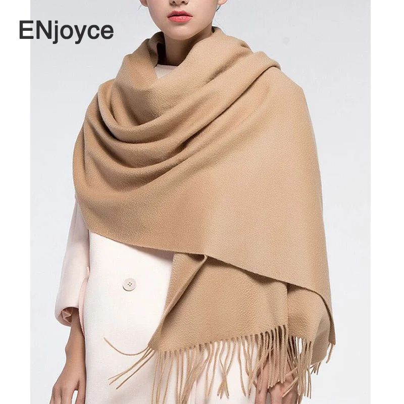 Winter Warm Wool Scarf Women Wraps with Tassel Pashmina Merino Soft Cashmere Shawls for Elegant Ladies