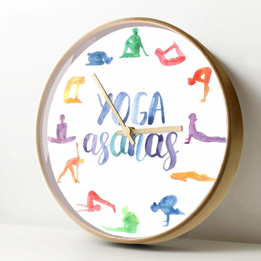 Aerial Yoga Logo Water Color Printed Wall Clock Yogi Art For Yoga Studio GYM Anti-gravity Yoga Asanas Wooden Frame Wall Watch