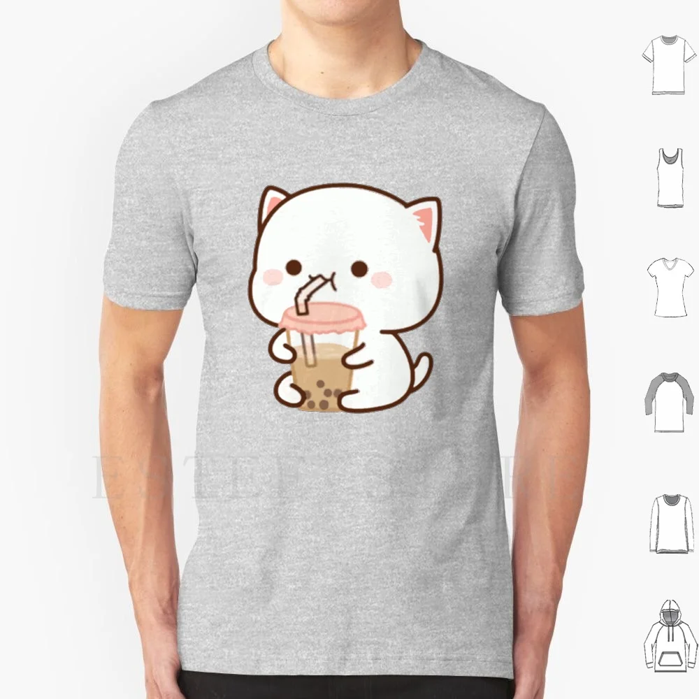 Camiseta de algodón con estampado de gato bebiendo bubble tea, Goma, Gato lindo, Gato melocotón, Gato novio, Gato leche, Novia, Kawaii, Gatito, Mochi