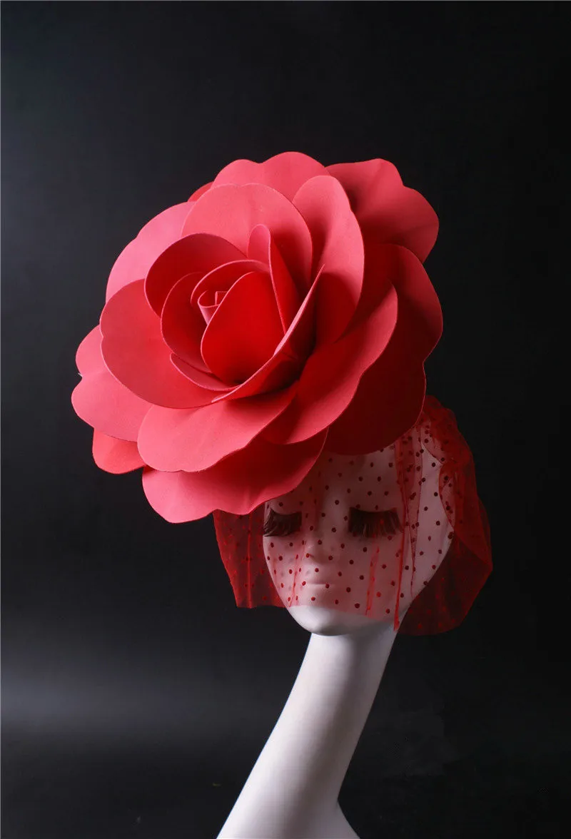 Big Rose Flower Headdress Black Red Veil Floral Headgear Festival Party Dance Singer Show Stage Accessories Performance Ornament