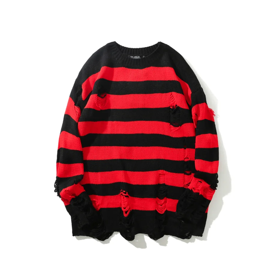 High Street Retro Oversized Red and Black Stripes Sweater Men Crew Neck Loose Hole Color Match Autumn and Winter Clothes Unisex